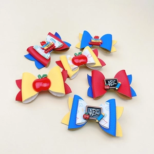 Lot de 6 nœuds à cheveux scintillants pour la rentrée avec motifs pomme, crayon et livre