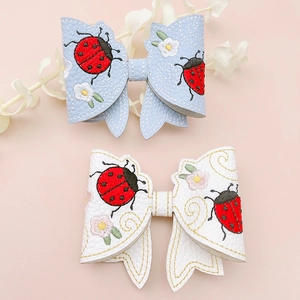 Handmade PU leather bow hair clips with ladybug flower embroidery for young girls