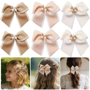 Mollette per Capelli con Fiocco in Tessuto Dolce per Ragazze con Künstliche Perle d'Imitazione e Strass Eleganti Accessori per Capelli con Fiocco a Bordo in Pizzo da Principessa