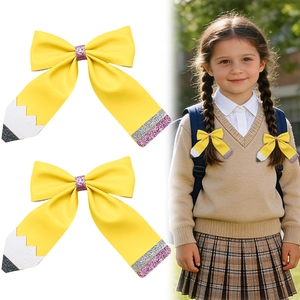 Pince À Cheveux Nœud En Forme De Crayon En Cuir PU Pailleté Pour Filles Jaune Accessoires Cheveux Rentrée Scolaire Pince Bec De Canard