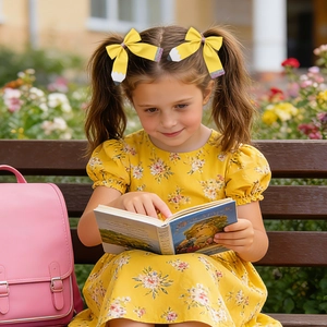Détail de la pince à cheveux nœud crayon pailleté jaune portée par une petite fille