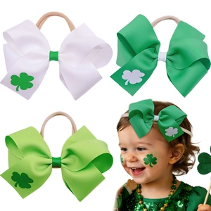 St Patrick's Day Kids Hair Band Large Grosgrain Ribbon Bow Shamrock Print Nylon Elastic Headband Festive Hair Accessories