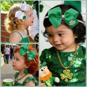 Kids St. Patrick's Day set with clover necklace, earrings and green bow headband