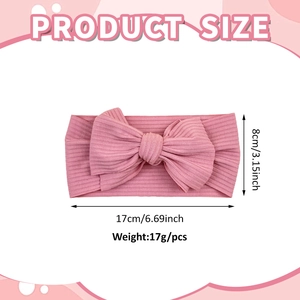Pink ribbed knit baby headband with large bow 17x8cm size and elastic soft fabric