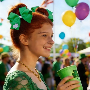 Gros plan de nœuds de cheveux en ruban gros-grain vert avec motifs de trèfles