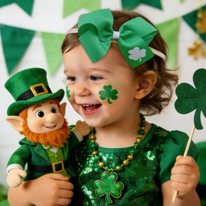 Close-up of baby girl wearing a green clover bow headband for St. Patrick’s Day decor