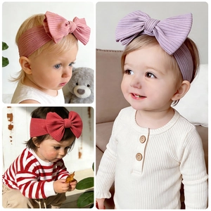 Collage of ribbed bow headbands for babies in pink, purple and red color options