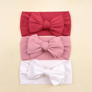Three-piece set of high-elasticity ribbed knit baby headbands with large bows