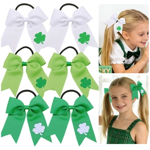St Patrick's Day Kids Ribbon Bow Hair Ties With Shamrock Print Irish Green White Grosgrain Elastic Hair Ropes For Girls