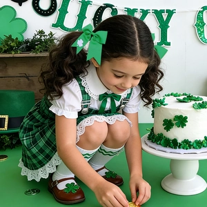 Close-up of Saint Patrick's Day outfit with clover bow and matching Mary Jane shoes