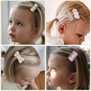 Lot de 5 barrettes à cheveux en tissu brodé floral et nœuds en dentelle pour bébé
