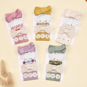 Lot de 5 barrettes à fleurs en tissu pour bébés filles en rose jaune et vert doux