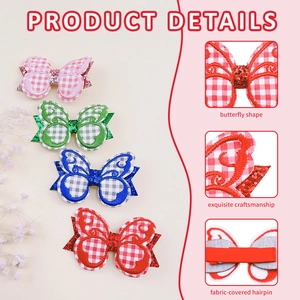 Vue détaillée des pinces à cheveux papillon avec broderie pailletée et tissu enrobé