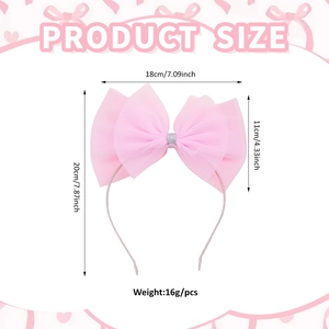 Serre-tête avec nœud en maille rose, détails pailletés et dimensions du produit
