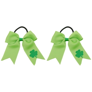 Detail of green grosgrain ribbon hair bows with shamrock print for St. Patrick's Day