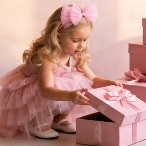 Détail d'une robe de princesse en tulle rose avec perles et bandeau à nœud en maille assorti