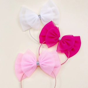 Lot de 3 serre-têtes nœuds en résille blanc, fuchsia et rose avec centre pailleté
