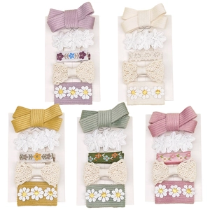 Lot de 5 barrettes brodées à fleurs pour bébés avec nœuds en tissu et motifs en dentelle