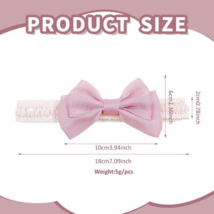Pink satin bow baby headband with white embroidered lace elastic for 0-3 years