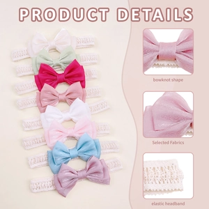 Detail of 8-color infant bow headband set featuring soft lace and satin fabric