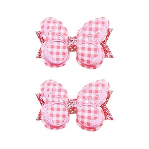 Barrettes papillon à carreaux roses avec nœud pailleté et broderie pour fillettes