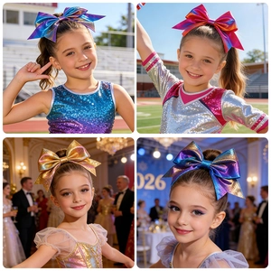 Detail of large metallic laser bow hair clips in vibrant gradient colors for girls