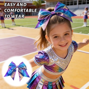 Close-up of holographic blue-purple gradient cheerleader hair bow with metallic finish