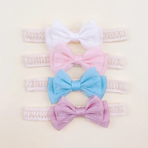 Elastic lace bow headbands for baby girls in pastel white, pink, blue, and purple tones