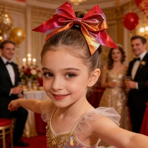 Close-up of a gradient red and orange glitter bow hair clip worn by a young girl at a party