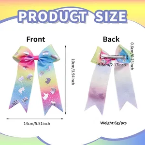 Rainbow unicorn grosgrain ribbon bow hair clip with silver pattern and metal alligator clip