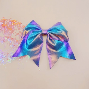 Rainbow laser iridescent bow hair clip with textured grid pattern for party and festival decor