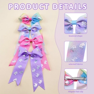 Rainbow gradient unicorn bow hair clips with long ribbons and silver glitter prints