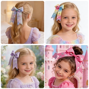 Detailed views of glitter unicorn bow hair clips in rainbow and pink colors