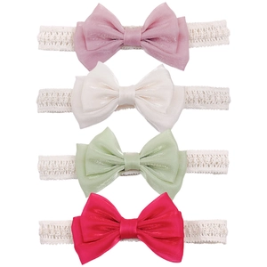 Set of 4 soft lace baby headbands with large satin bows in pink white and green