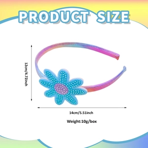 Rainbow fabric kids headband with daisy flower detail and 12x14cm size measurements