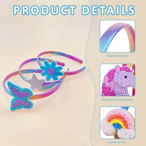 Detail view of rhinestone unicorn headband with colorful rainbow fabric and soft plush trim