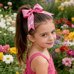 Pink grosgrain ribbon bow clip with silver unicorn print worn on girl's ponytail hair