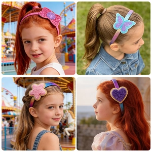 Detail shots of girls' sparkling headbands with glitter bow, butterfly, star and heart shapes