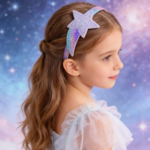 Close-up of girls purple glitter star headband with rainbow meteor tail and rhinestones