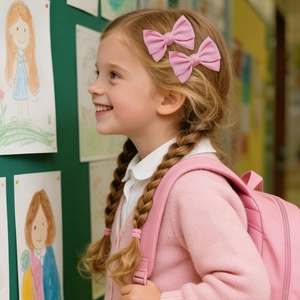 Gros plan de barrettes à nœuds roses faits main sur les tresses d'une petite fille