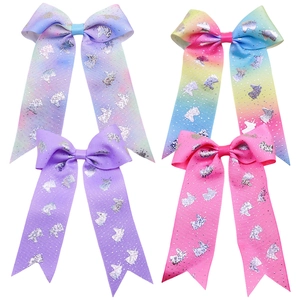 Set of 4 unicorn print grosgrain ribbon hair bows with long streamers for girls