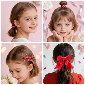 Detailansicht der roten Herz-Haarspangen mit Strass und Schleifen-Haarschmuck-Set