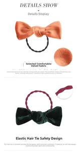 Detail show of velvet bow hair ties with non-slip elastic and soft fabric texture