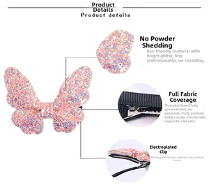 Detail view of pink glitter butterfly hair clip with secure fully cloth-wrapped metal base