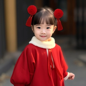 Traditional Chinese New Year red cape for kids with white fur collar and hair accessories