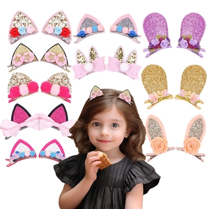 Barrettes à Cheveux Mignonnes Oreilles de Chat Lapin à Paillettes pour Enfants Filles Épingles à Cheveux Animal en Tissu Fait Main avec Nœud Fleur Boule de Peluche Accessoires de Coiffure
