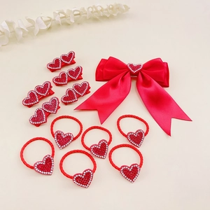 12-teiliges rotes Haar-Accessoire-Set mit Strass-Schleifen und elastischen Bändern
