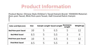 Size chart showing dimensions for Chinese style pompom tassel hair clips for kids