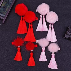 Ancient Style Kids Fur Ball Tassel Hair Clips Faux Mink Rabbit Fur Hair Accessories For Girls Hanfu Headwear Jewelry