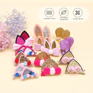 Barrettes oreilles d'animaux à paillettes avec nœuds et pompons pour petites filles